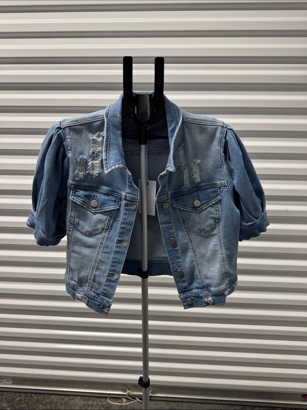 Short Light Blue Distressed Denim Jacket with Puff Sleeves
